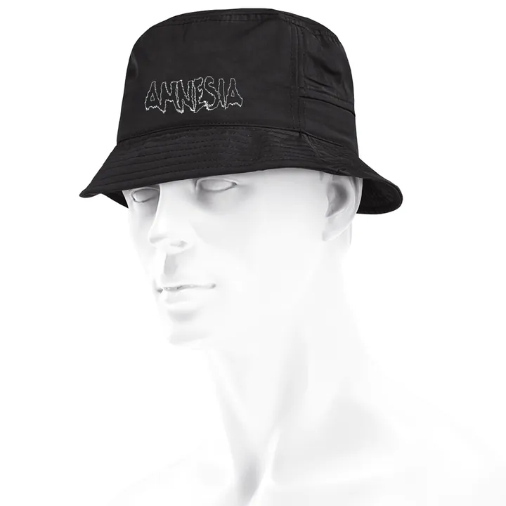 Black bucket hat with an outlined Amnesia logo.
