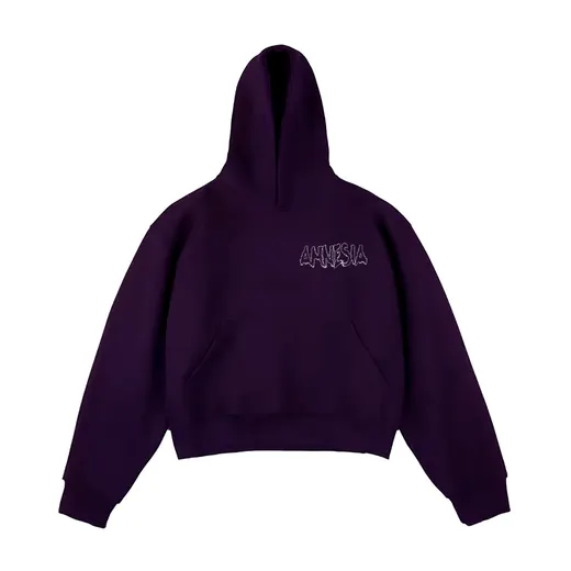 A dark hoodie with an outlined Amnesia logo on the chest.