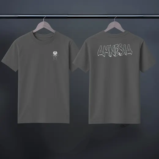Front and back of a dark T-shirt on hangers.